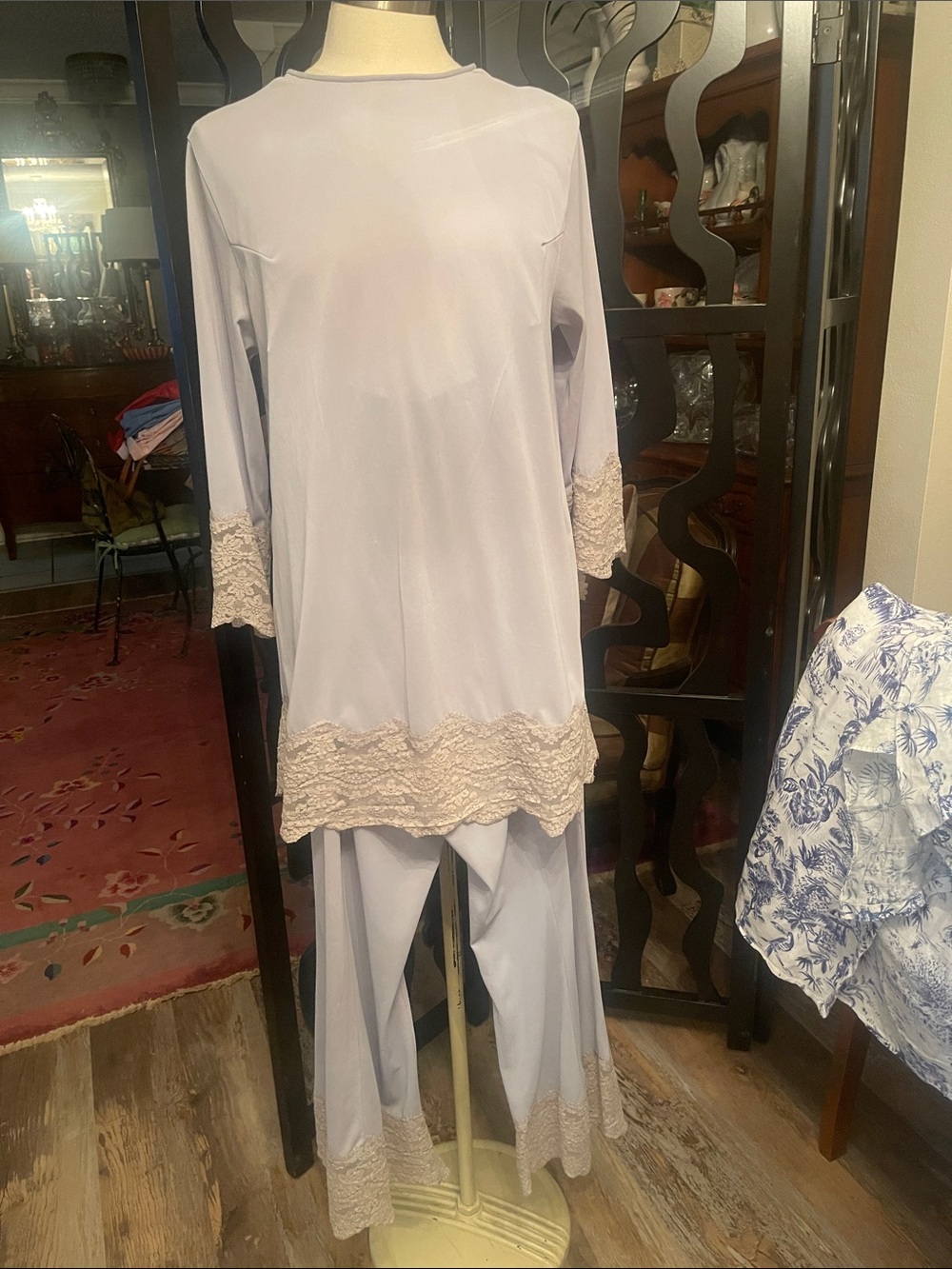 Vintage Lace-Trim Nylon Pajama Set in Pale Blue